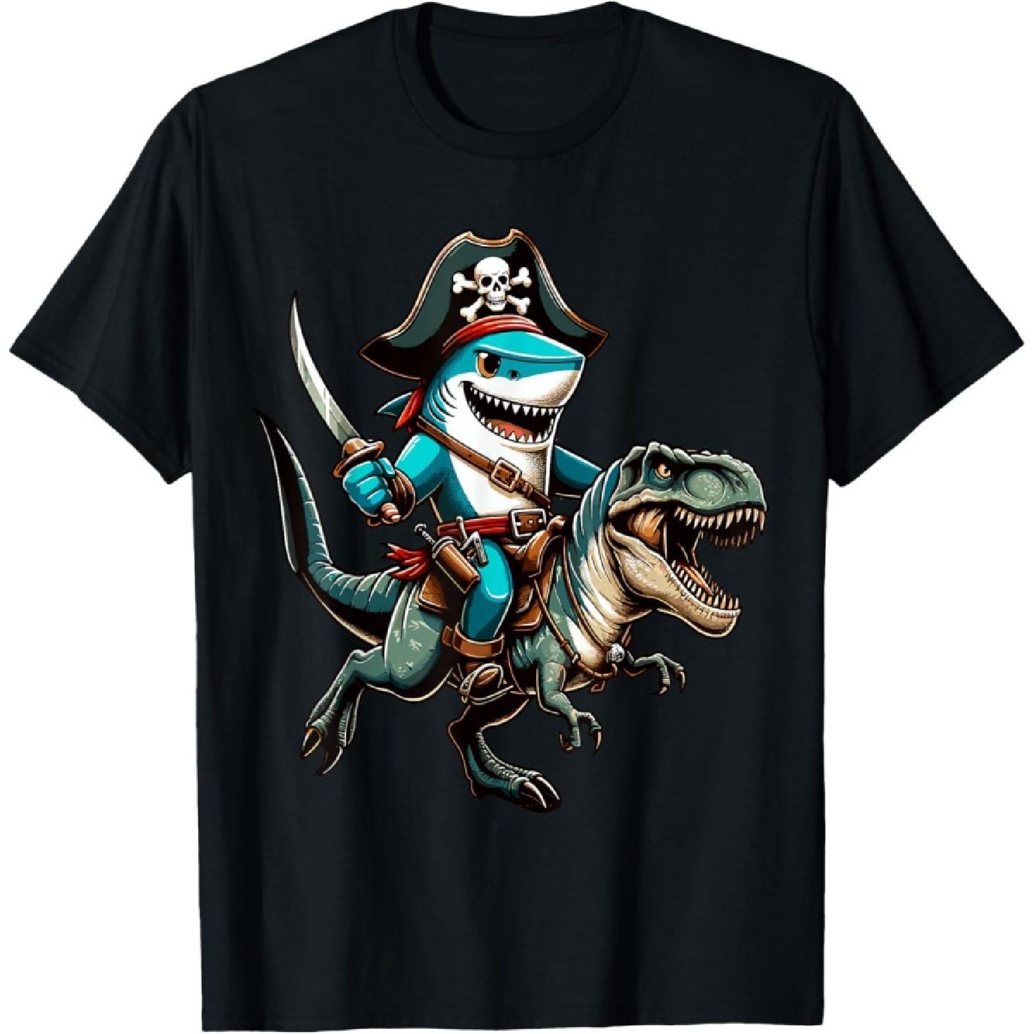Shark Riding Dinosaur T-Rex Pirate T-Shirt S