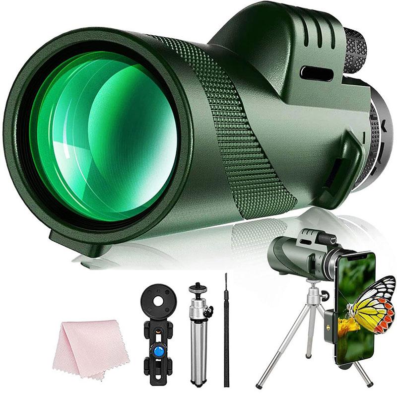 Telescop monocular Hd 80X100, telescop cu prismă Bak4 cu rază lungă de 8000M, cu/fără trepied, clemă pentru telefon, vânătoare, camping în aer liber