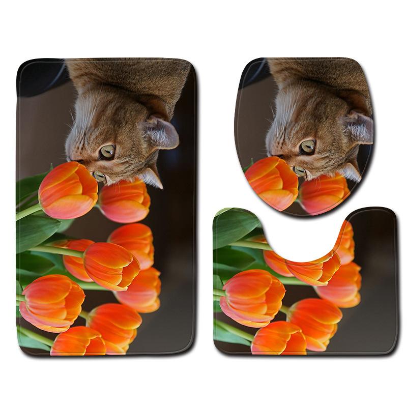 3D Kitten Bathroom Toilet Three-Piece Floor Mat Doormat Bathroom Carpet
