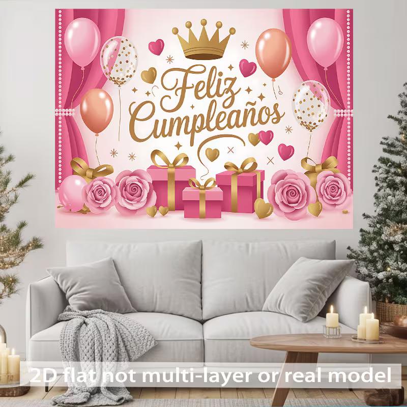 2D Pink Gold Crown Feliz Cumpleaños Backdrop for Princess Birthday Party
