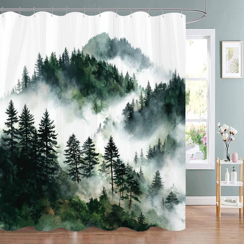 Misty Forest Scenery Shower Curtain, Bathtub Bathroom Decorative Shower Curtain, Waterproof Shower Curtain With Hooks