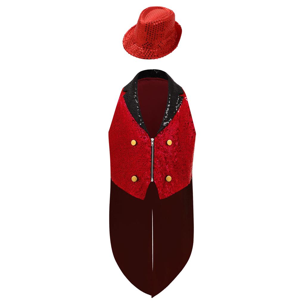 Kids Sequins Medieval Vest Victorian Tailcoat Lapel V Neck Front Zip Vest Solid Sequins Fedora Hat Circus Outfit