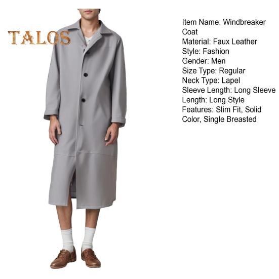 Herren Langer Trenchcoat aus Kunstleder mit Revers, langärmelig, einfarbig, Windjacke, wasserdicht, winddicht, Windjacke