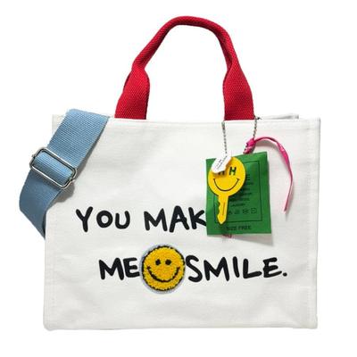 Sac fourre-tout 2 voies en toile, bandoulière, sourire, sac à déjeuner en coton, grande capacité, sac léger [DIVA Rose] pour maman (blanc)