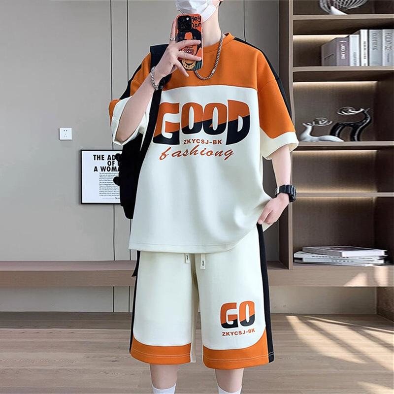 Men's Short Sleeve Graphic Print Side Stripe T-Shirt and Drawstring Shorts Lounge Set Beige