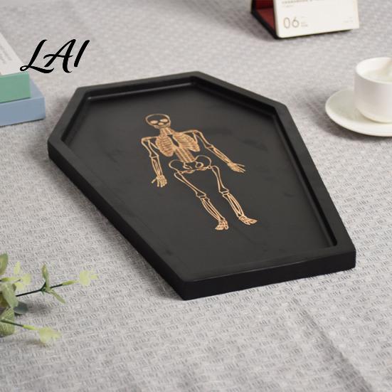 Funny Holiday Props Halloween Gothic Serving Tray with Engraved Skeleton Wooden Charcuterie Board Casket Home Decor Accessories Shape Storage