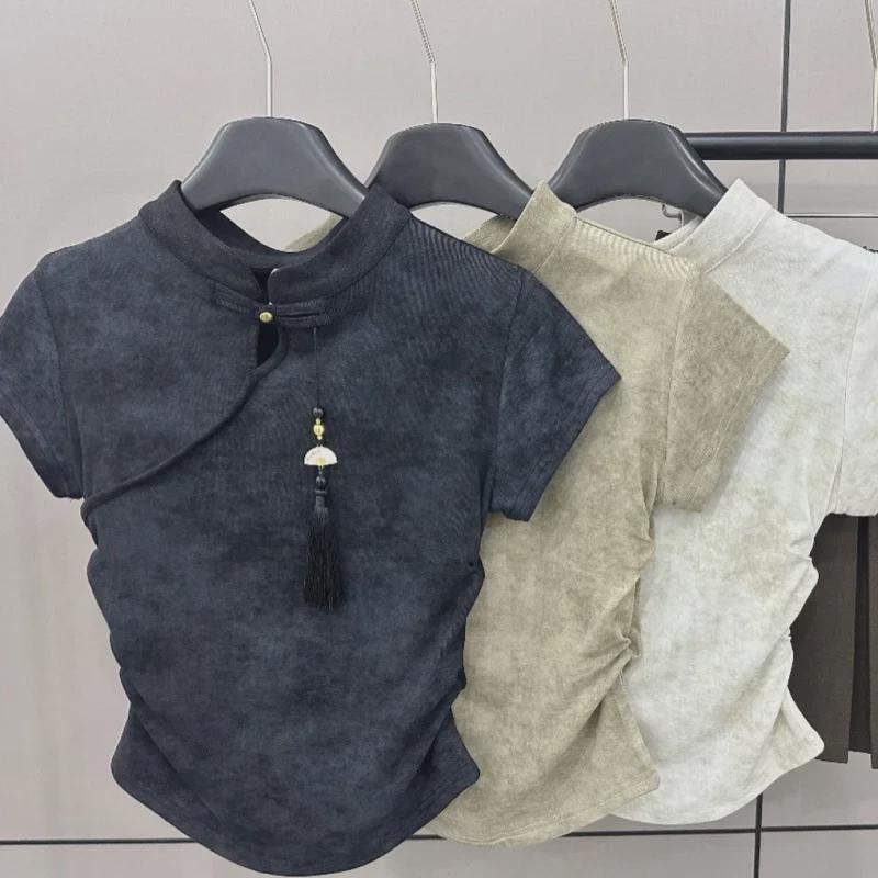 Tricou de vară pentru femei Qianyu cu mânecă scurtă și nasturi chinezești