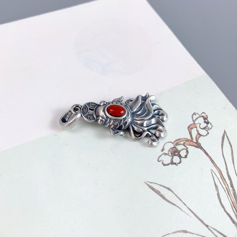 925 Sterling Silver Red Agate Goldfish Koi Necklace Pendant for Men & Women – Retro Style, Year-After-Year Abundance