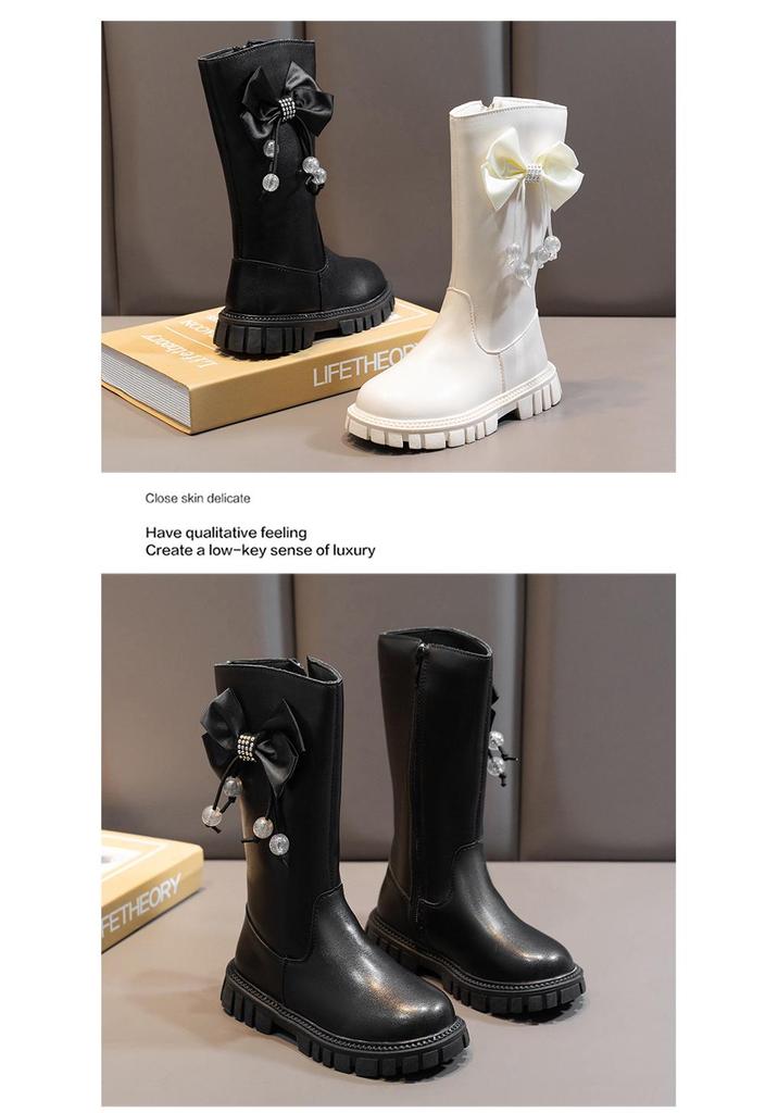 Girls' Bow Long Leather Boots - 2025 Autumn/Winter Stylish Princess Collection
