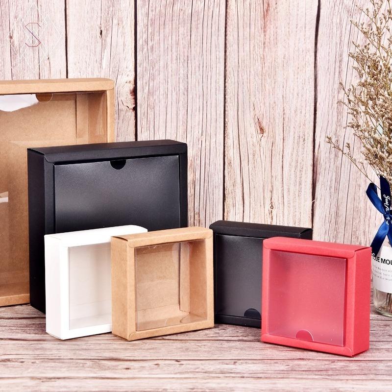 10pcs Transparent Frosted PVC Cover Carton Candy Desserts Cosmetic Soap Storage Packaging Boxes Square Kraft Paper Flip Box Tea Perfume Gift Wrapping