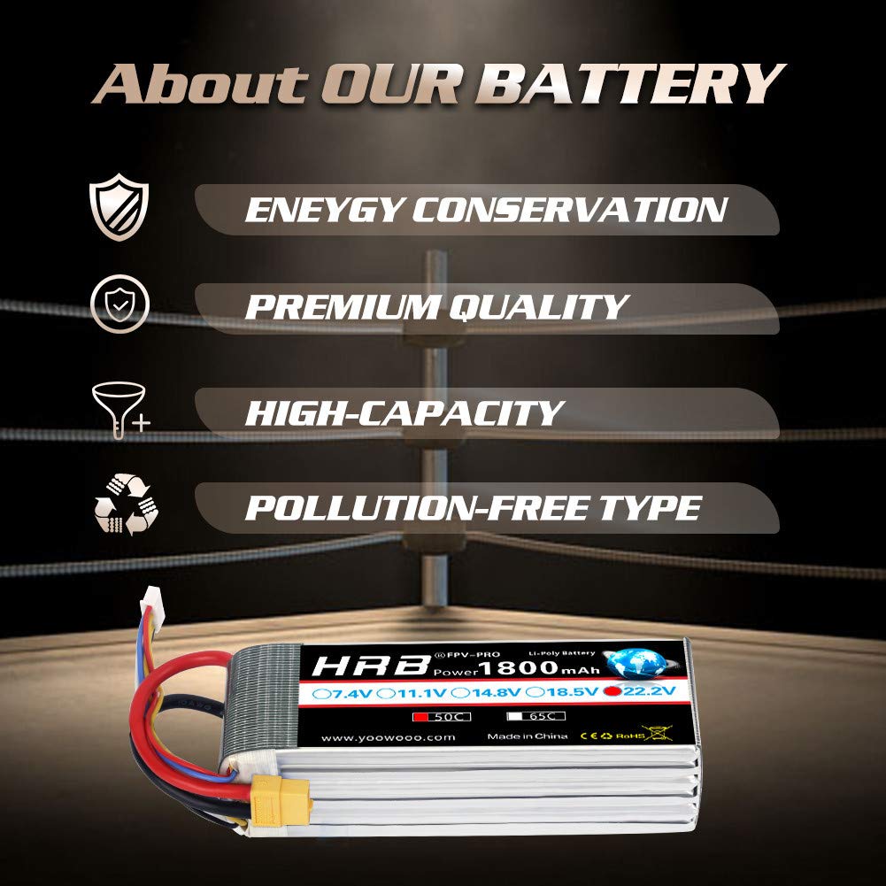 HRB 6S 1800mAh 22.2V 50C XT60 Lipo Battery for RC Airplanes, RC Cars, RC Trucks, Racing Drones, and Multi-Rotors