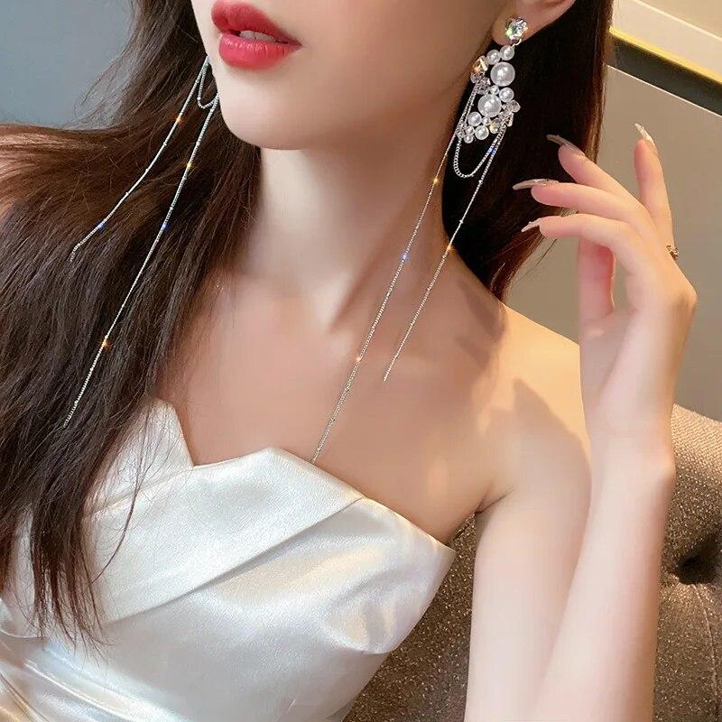 Trend Korean Crystal Dangle Earrings for Women Long Chain Tassel Fashion Earrings Party Jewelry Gift