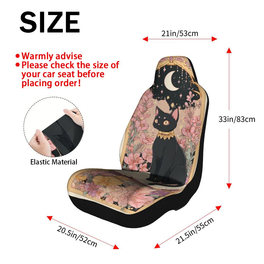 2pcs Decorative Celestial Feline Elegance Print Car Seat Covers | Universal Fit For SUV Sedan Truck, Stylish Washable Polyester