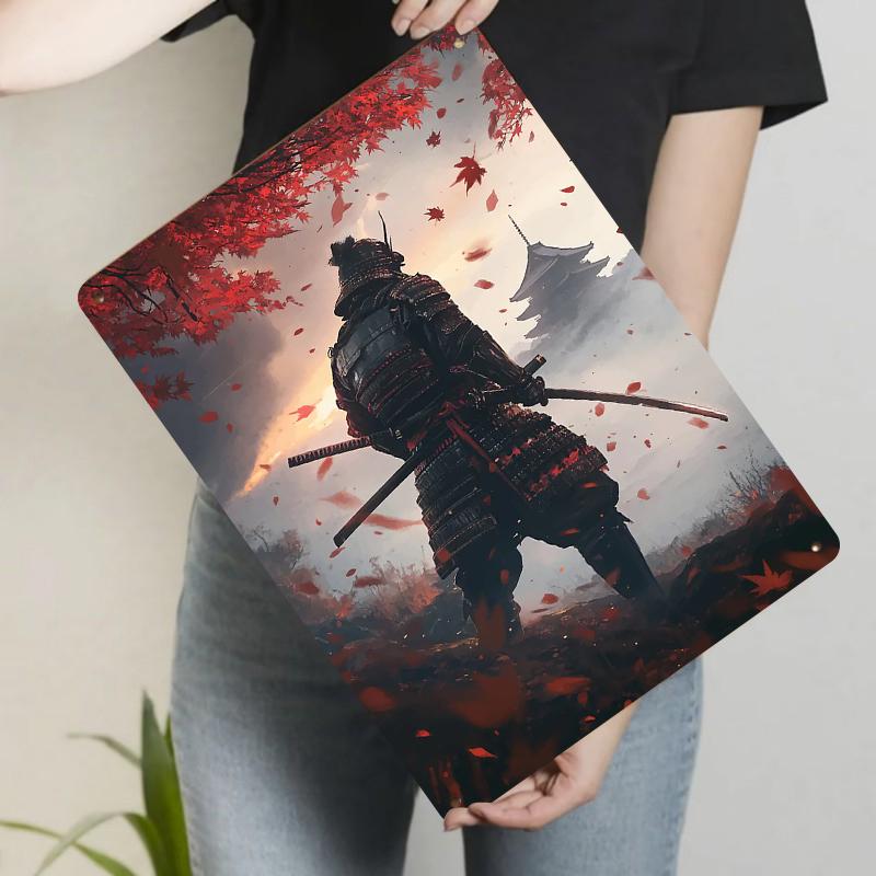 

Samurai in Traditional Armor with Red Maple Leaves Japanese Castle Landscape Metal Wall Art Decor 20x30cm（7.8x11.8inch）
