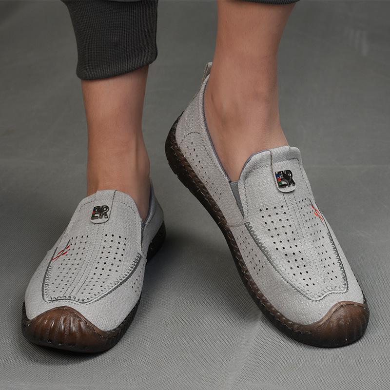 Men's Breathable Canvas Slip-On Shoes, Soft Cowhide Sole, Linen Low-Top Moccasins for Driving and Casual Wear