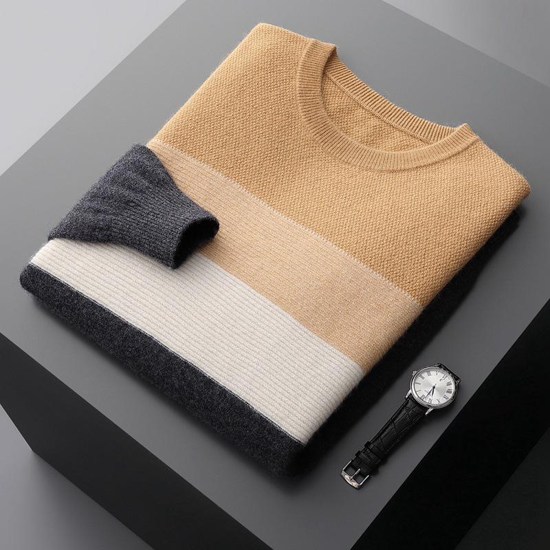 

Мужской осенне-зимний кашемировый свитер в стиле колор-блок - Теплый вязаный базовый слой с круглым вырезом XXXL