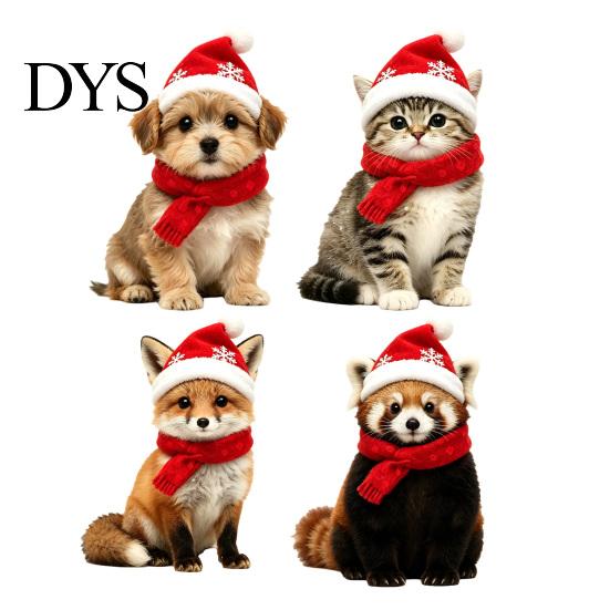 Seasonal Glass Window Art Christmas Animal Static Clings, Cute Cat/Puppy/Racoon Stickers, PVC Easy Apply Wall Decals Waterproof Sticker for Home Store