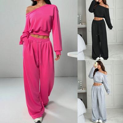 Women's Loose Fit Tracksuit Off Shoulder Long Sleeve Crop Top High Waist Wide Leg Sweatpants Two Piece Set