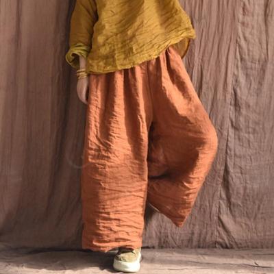 Frauen Leinen Vintage Breite Bein Hosen Elastische Taille Einfarbig Hosen Frühling Lose Taschen Frauen Lange Hosen