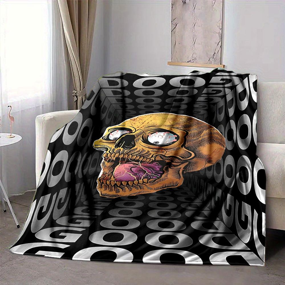 1pc Skull Artwork Blanket, Lightweight Flannel Throw For Sofa, Bed, Travel, Camping, Livingroom, Office, Couch, Chair