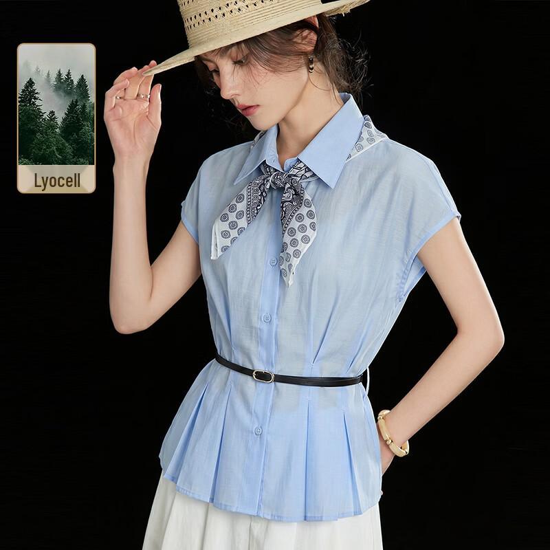 Tencel Blend Old Money Style Lapel Cap Sleeve Shirt with Scarf Belt M