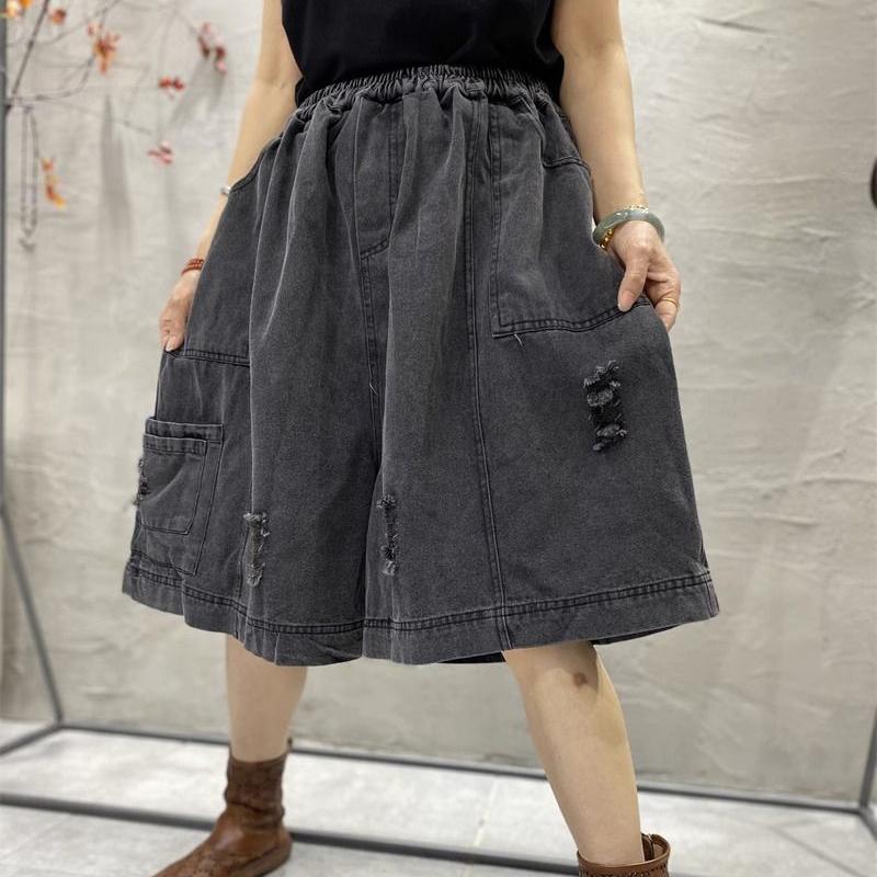 Black Washed Denim Wide Leg Pants for Women Loose Casual Denim Shorts Female Fashion The Five Part Pants Are Short Pants Women Summer