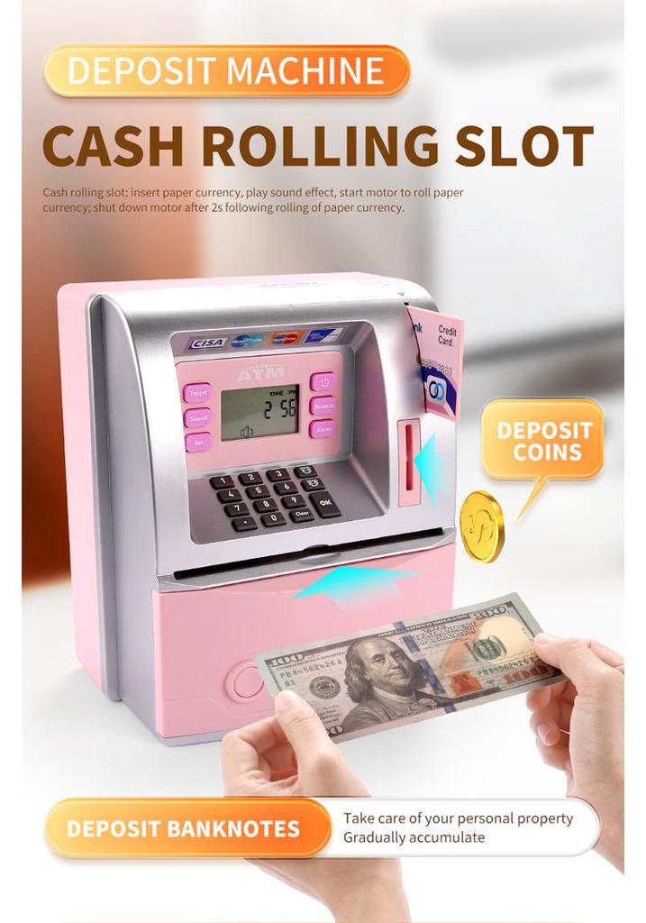 Children's Large ATM Simulator Piggy Bank with Voice and Password, Coin Roller, and Money Counting Features.