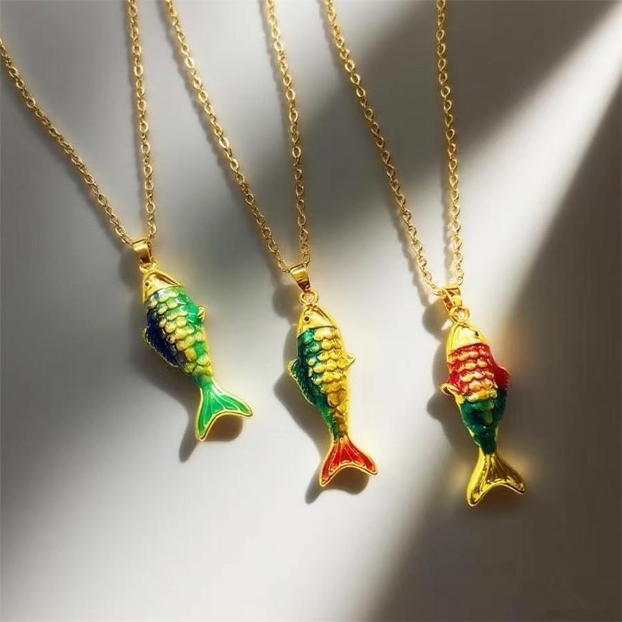 Vintage Koi Fish Pendant Necklace Handmade Colorful Ocean Series Trendy Statement Chain Jewelry for Women