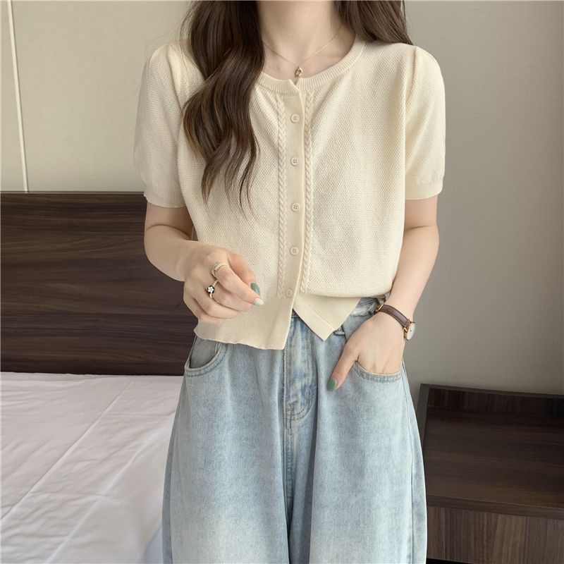 Knitted Women's Summer French Cool Style High-end Retro Round Neck Versatile Short Sleeved Cardigan Top