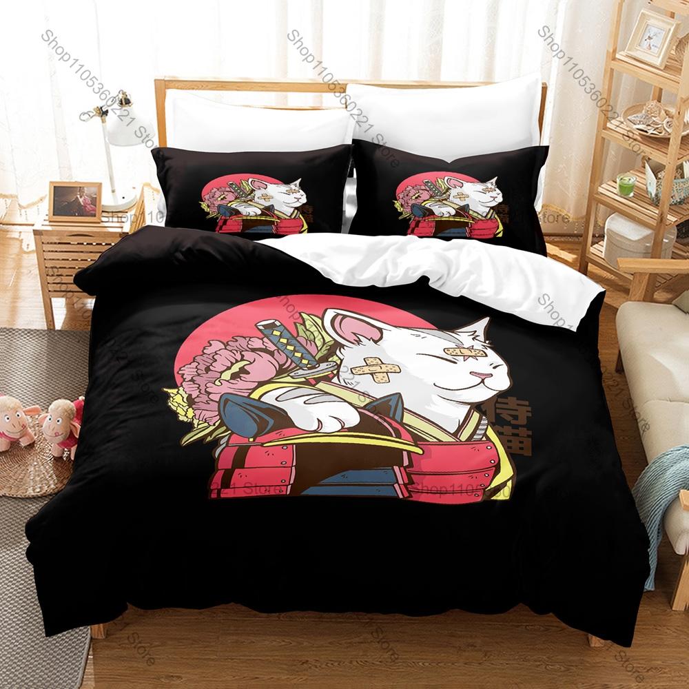 Cool Japanese Samurai Cat Bedding Set Duvet Cover + 2 Pillowcases Cute Ninja Cat Katana Sakura Ukiyo-e Bedroom Decor