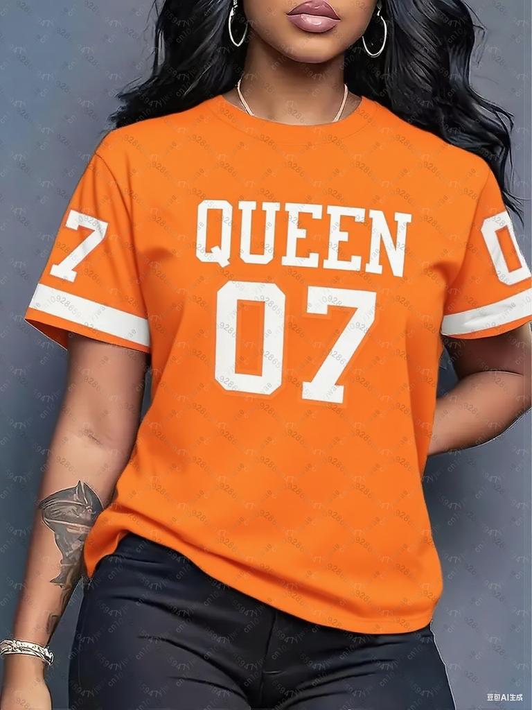 Printed Crew Neck Short Sleeve T-Shirt, Summer Pattern T-Shirt, Plus Size Sports T-Shirt Top