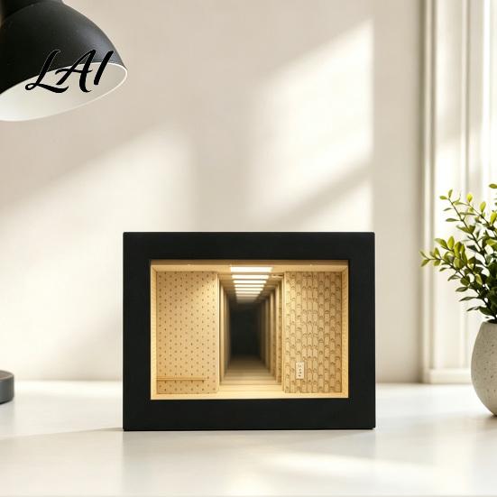 Shop Window Photo Display Wooden Backrooms Style Night Light Infinite Mirror Effect Tabletop Lamp Matte Black Tunnel Vision Decor Dustproof Ambient