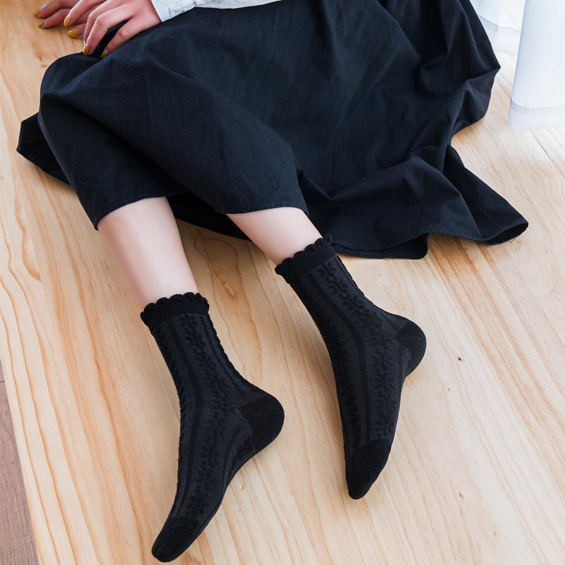 Womens Socks Ruffle Turn-Cuff Mid Cut Ankle Crew Socks All Season Soft Knit Cotton Socks Solid Color Lettuce Dress Sock