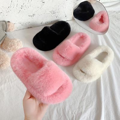 Children's Slippers Girls Open Toe Plush Fur Shoes Kids Soild Warm Indoor Non Slip Rubber BottomMulti-style Cotton Slipper