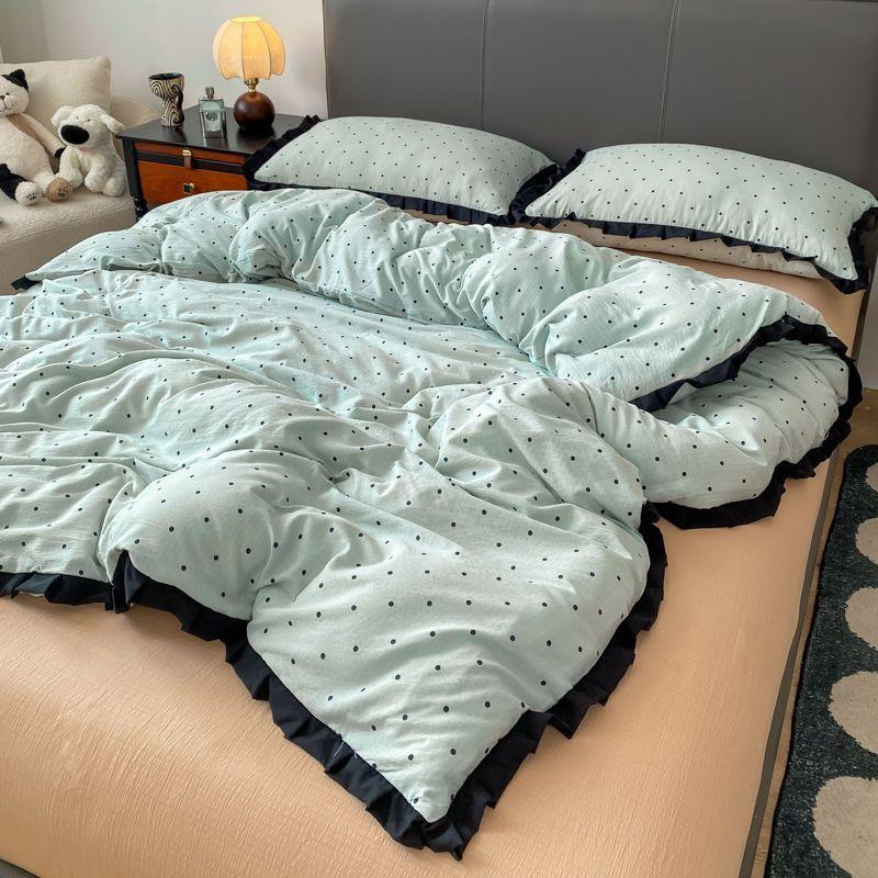 INS French Style Floral Simple Black Lace Double Layer Gauze Bedding Set Washed Cotton Bed Sheet Fitted Sheet Fresh Quilt Cover