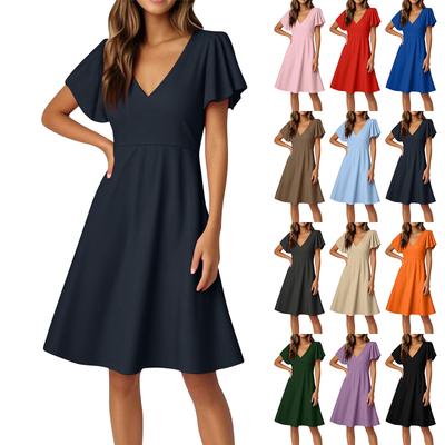Women's Dresses Flared Sleeve Short Sleeve Casual Solid Color V-Neck Dresses