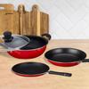 3 Pcs Non Stick Cookware Sets, Tawa 25 Cm, Kadhai 24 Cm with Glass Lid, Fry Pan 24 Cm (Red) Aluminium