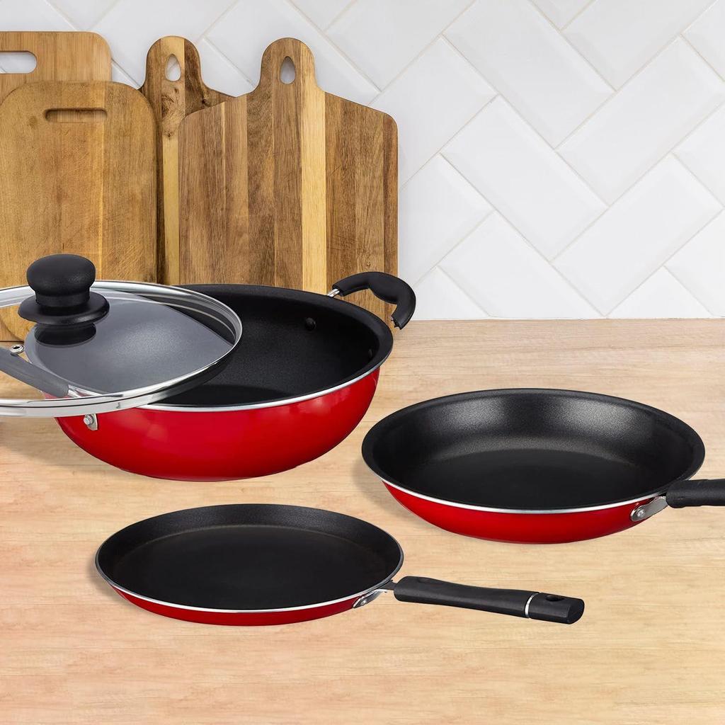 3 Pcs Non Stick Cookware Sets, Tawa 25 Cm, Kadhai 24 Cm with Glass Lid, Fry Pan 24 Cm (Red) Aluminium