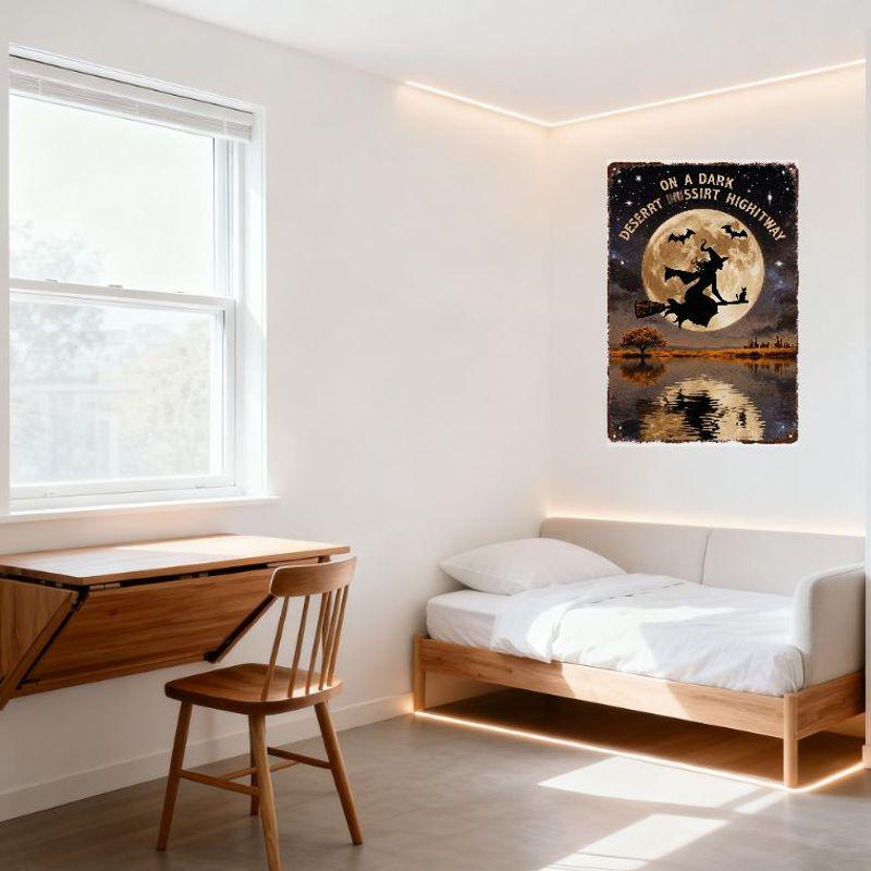 Vintage Style Metal Sign Witch on Broom Full Moon Starry Night Water Reflection Halloween Decor for Home Bar Pub Wall Art