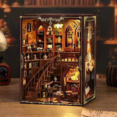 Kendin Yap Kitap Köşesi Seti - 3D Ahşap Yapboz Bebek Evi İnşa Modeli Oyuncak Yaratıcı Noel ve Kara Cuma Hediyesi Minyatür Masaüstü Dekorasyonu