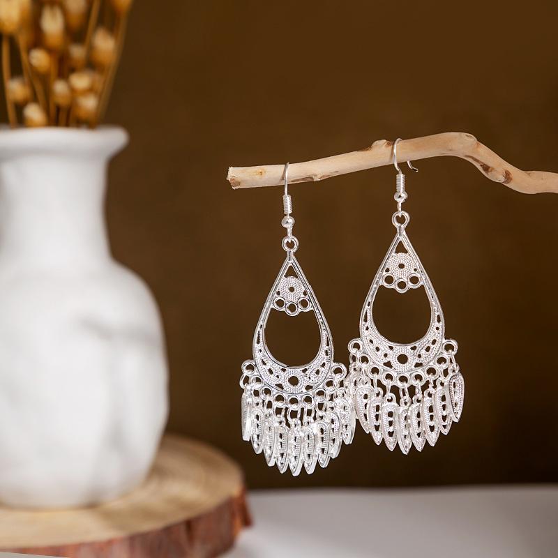 Miao Silver Tassel Dangle Earrings: Ethnic-Style Studs for Women