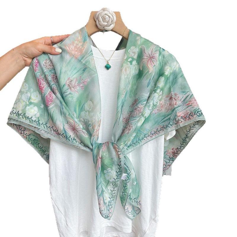 X110cm Floral Printed Square Scarf For Travel Sun Protection Air Conditioning Shawl