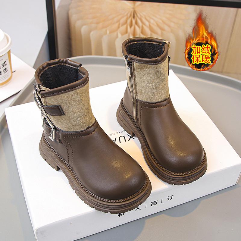Girls Martin Boots British Fashion Children's Short Boots 2025 Winter New Velvet Thermal Cotton Boots Girls Leather Boots