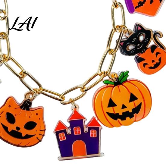Acrylic Pumpkin Wrist Jewelry Halloween Charm Bracelets for Women Cute Spooky Cat Ghost Castle Pendant Party Decoration Bracelet Adjustable