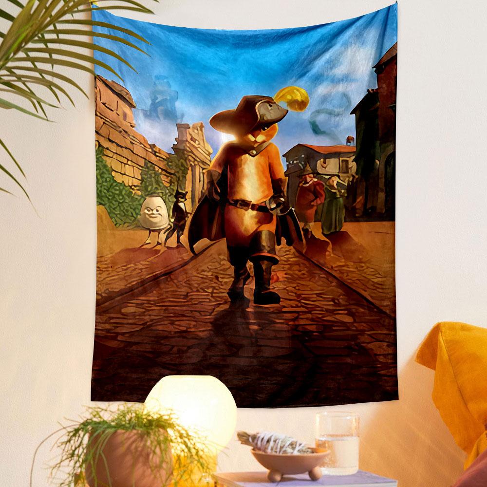 Puss in Boots Tapestry Wall Hanging, DreamWorks Swashbuckling Cat Character Art, Fun Cartoon Wall Decor for Kids Bedroom Game Room