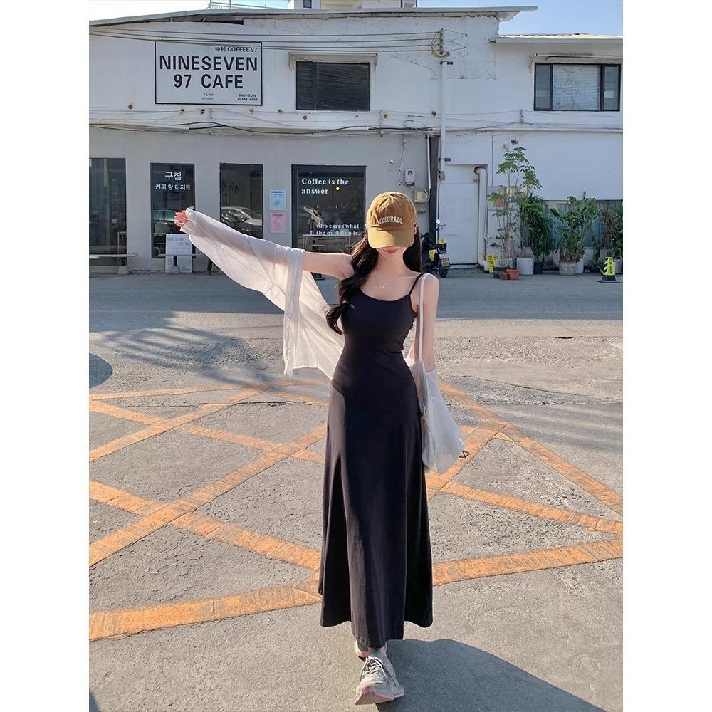 Dopamine Vacation Style Women's Clothing Korean Version Summer Clothing Temperament Waist Suspender Dress Slim and Thin Bottom Long Dress Women
