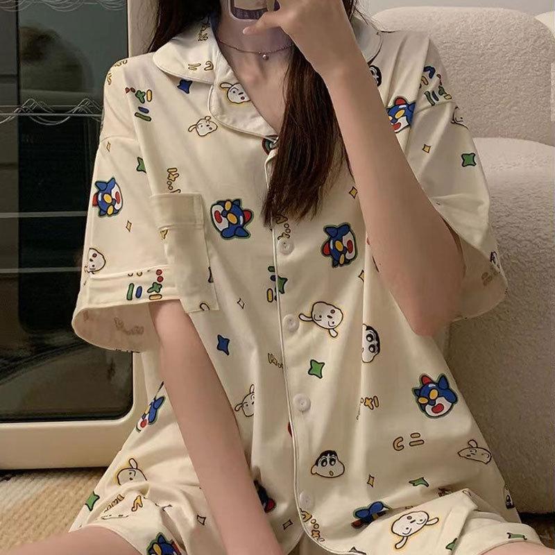 Can Wear Pajamas Women's Summer Cute Cartoon Bear Cotton Short-sleeved Cardigan Loungewear Women's Suit
