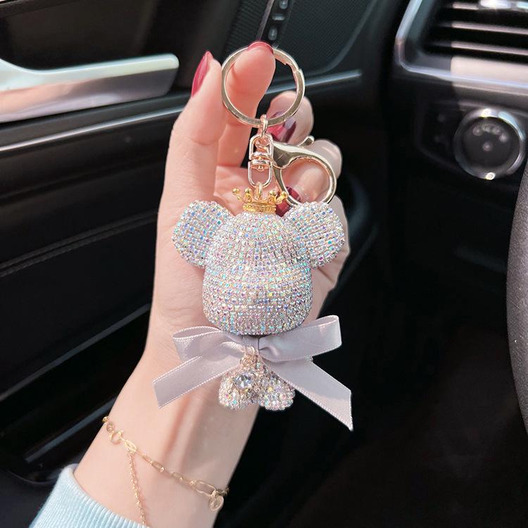 Stylish Diamond Crown Bear Keychain with Ribbon - Charming Doll Accessory and Elegant Gift