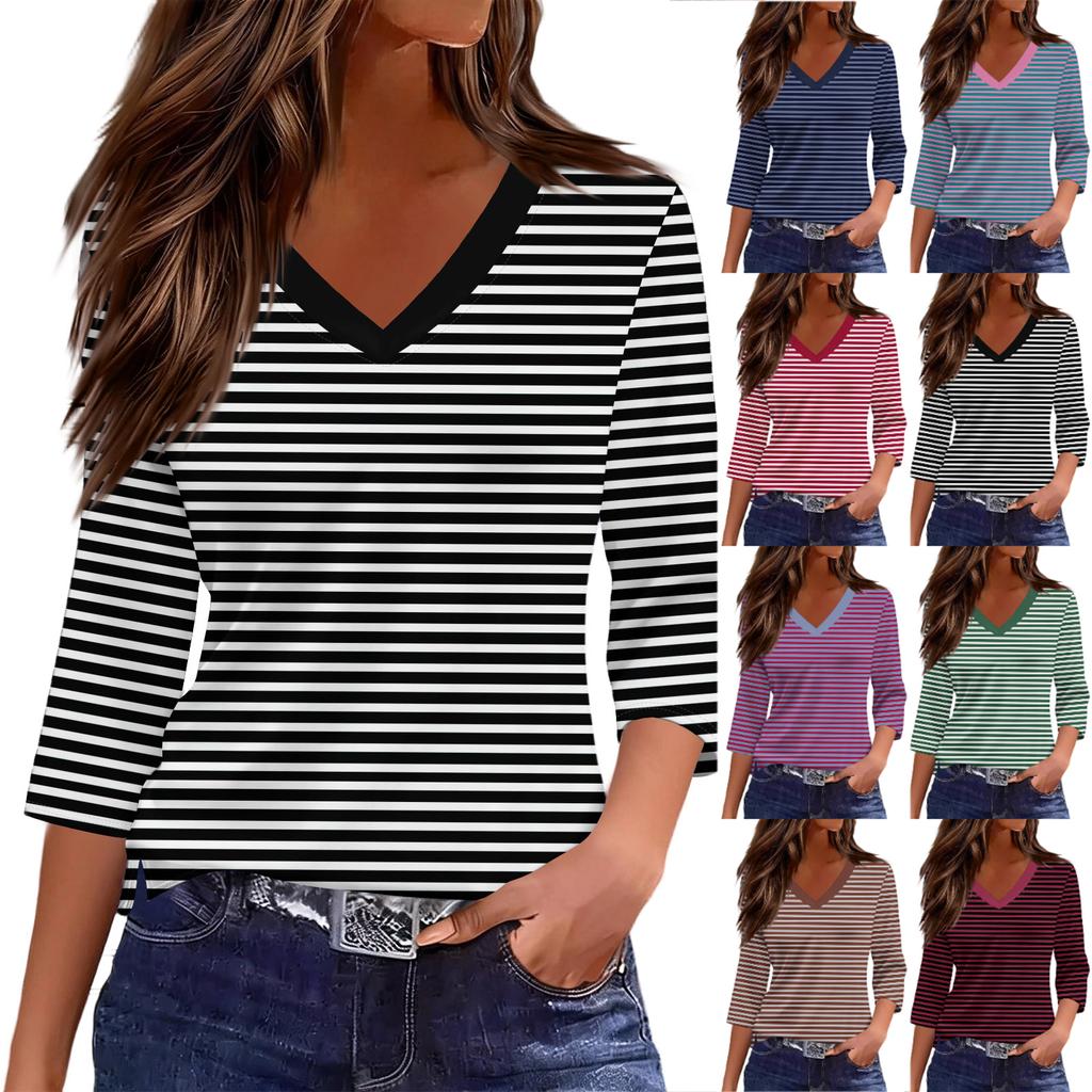 Women’s V Neck Striped Top Casual Three Quarter Sleeve Pullover Soft Knit Lightweight Tee Shirt for Daily Wear