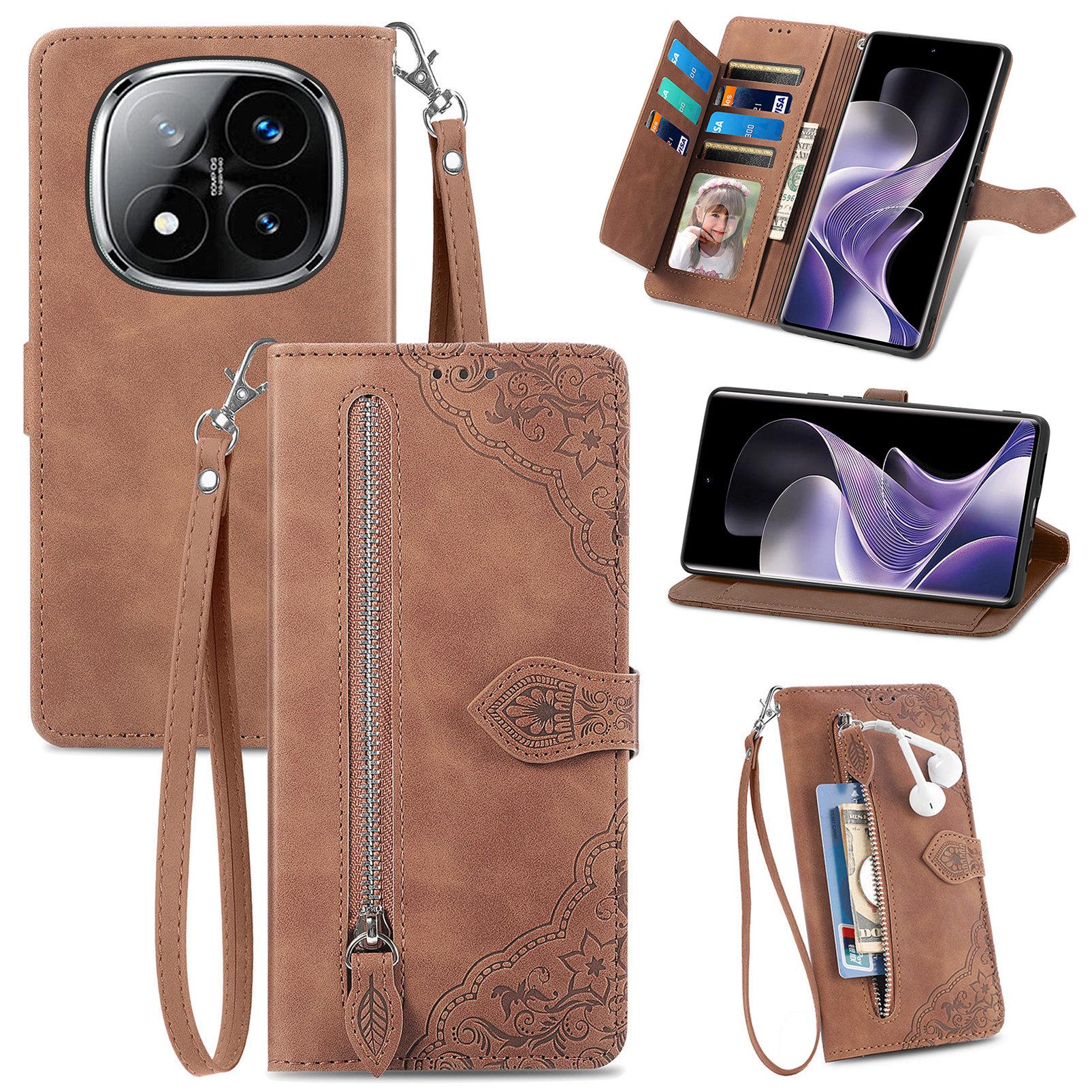 

Чохол-гаманець на блискавці для Xiaomi Redmi Note 14 Pro 5G з ремінцем, з квітковим тисненням, чохол для телефону з PU шкіри Brown